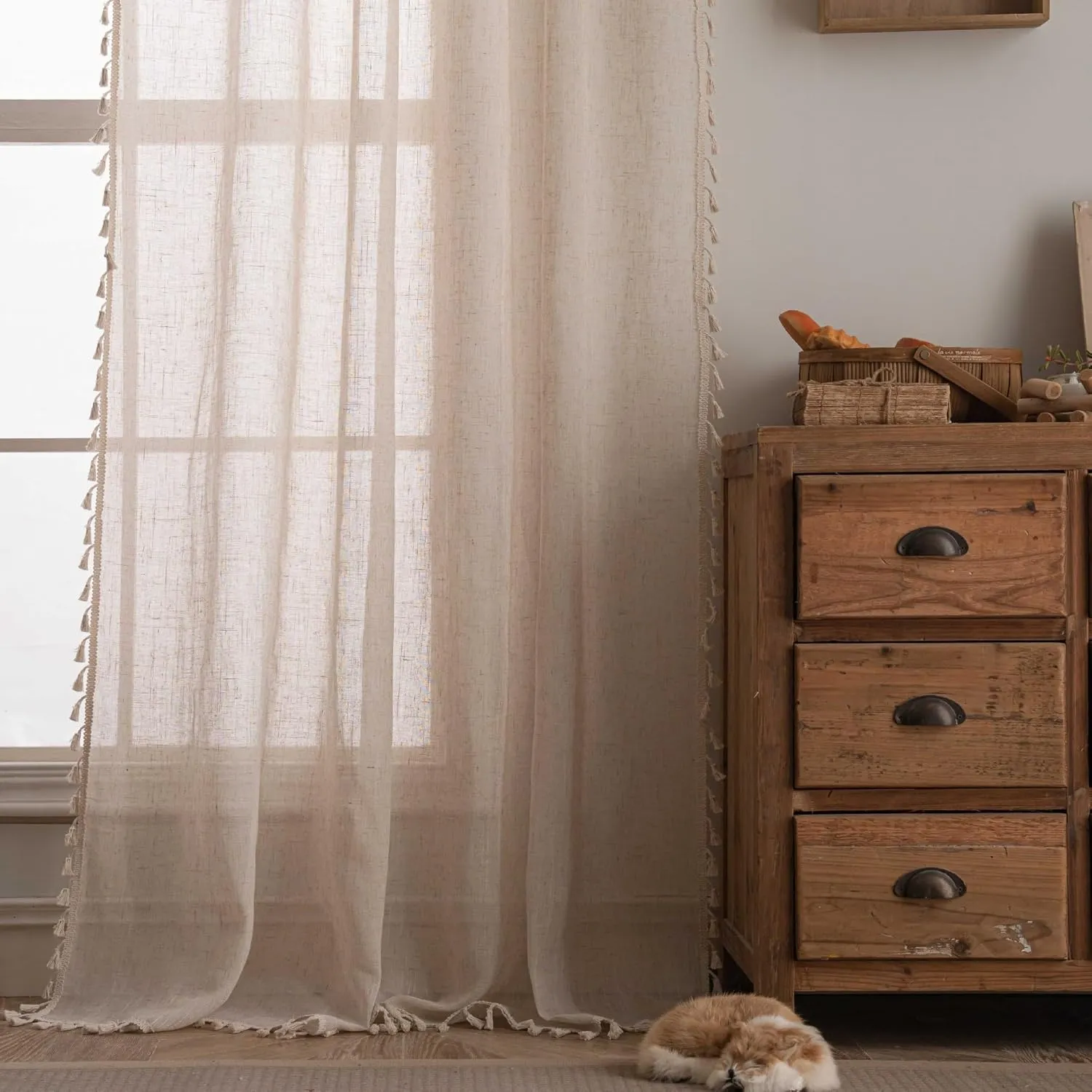 Linen Cafe Curtains 36 inch Length 2 Panel - Solid Pattern Short Drapes,Tassel, Rod Pocket,Sheer,Privacy,Neutral,Antique Window Panels,Living Room,Bedroom,Dining Room,Linen Color
