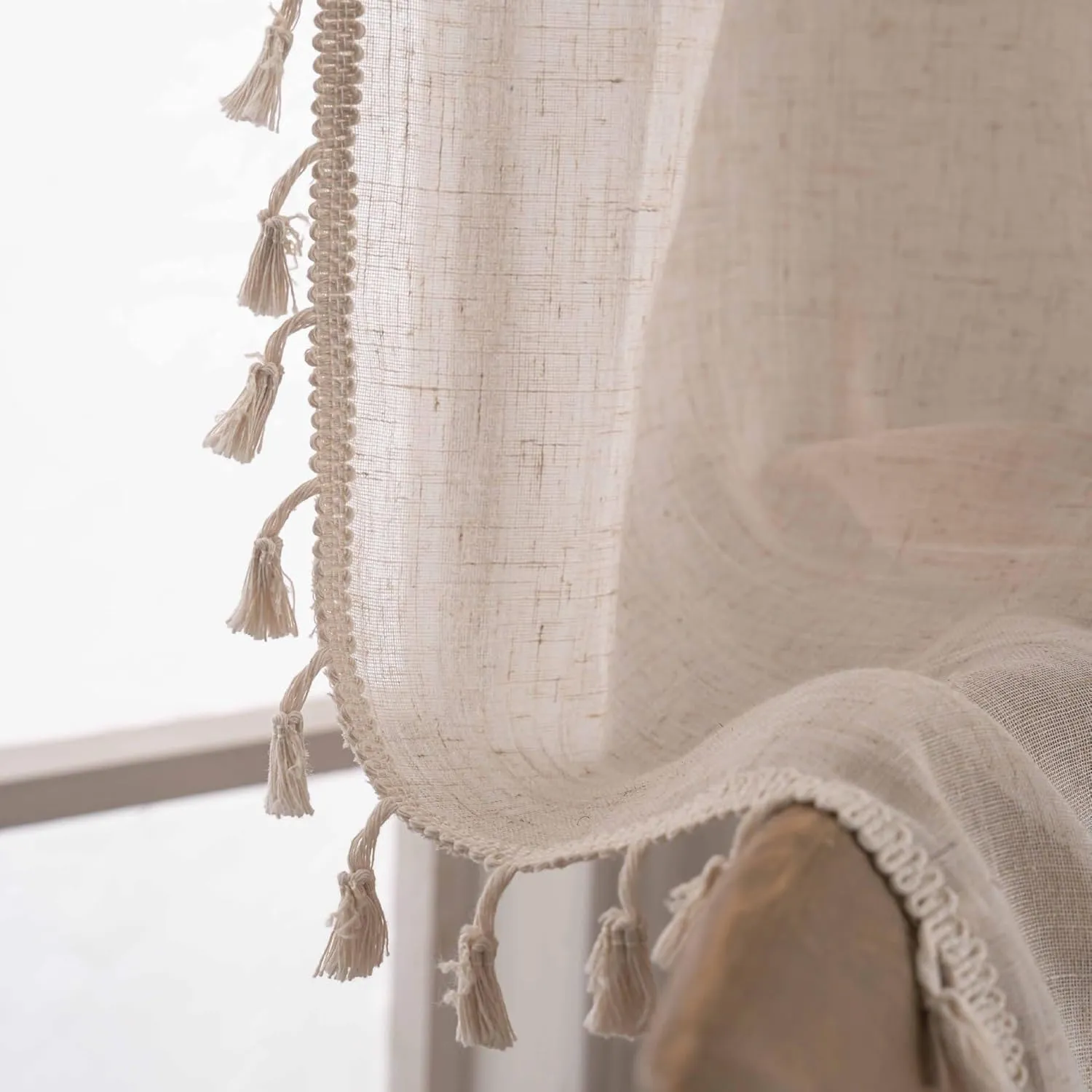 Linen Cafe Curtains 36 inch Length 2 Panel - Solid Pattern Short Drapes,Tassel, Rod Pocket,Sheer,Privacy,Neutral,Antique Window Panels,Living Room,Bedroom,Dining Room,Linen Color