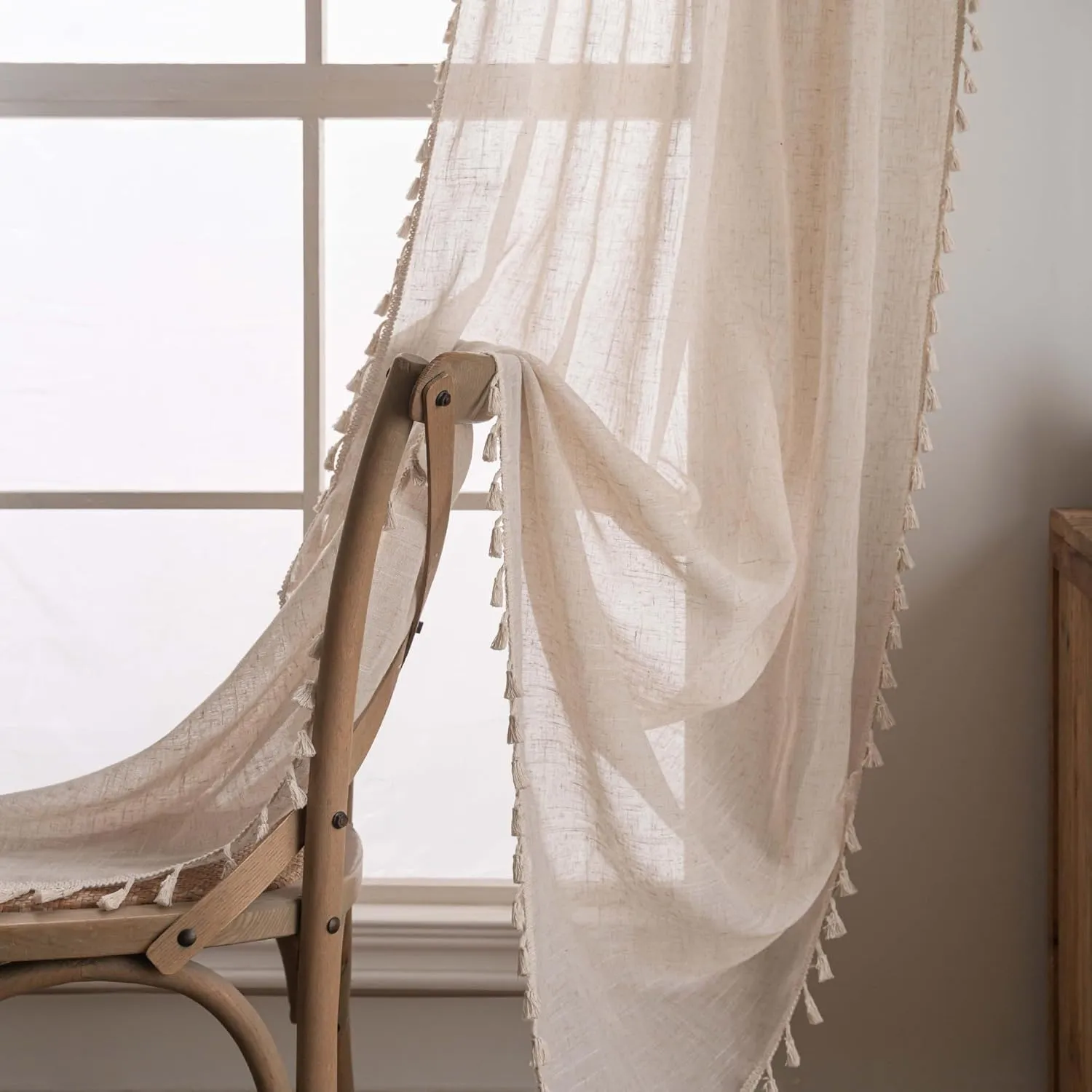 Linen Cafe Curtains 36 inch Length 2 Panel - Solid Pattern Short Drapes,Tassel, Rod Pocket,Sheer,Privacy,Neutral,Antique Window Panels,Living Room,Bedroom,Dining Room,Linen Color