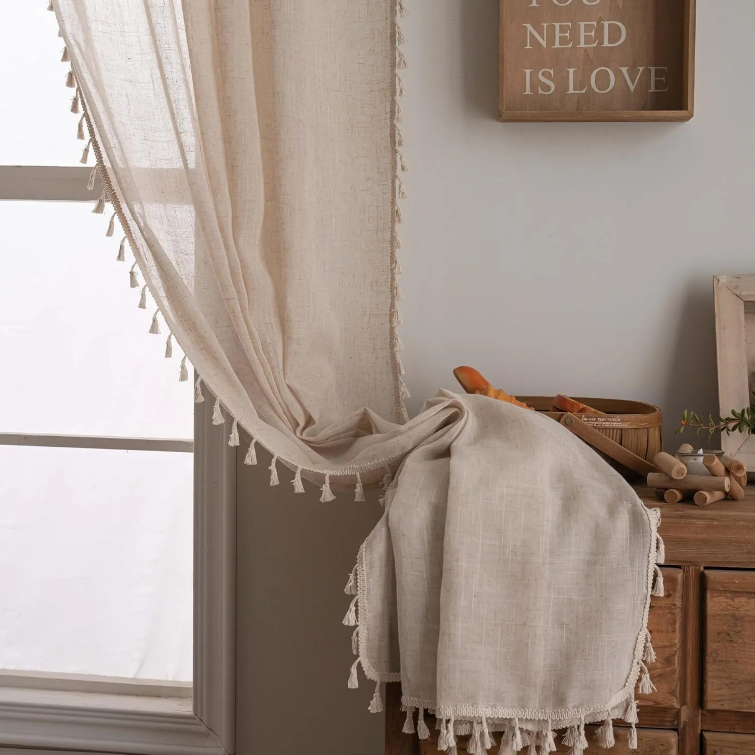 Linen Cafe Curtains 36 inch Length 2 Panel - Solid Pattern Short Drapes,Tassel, Rod Pocket,Sheer,Privacy,Neutral,Antique Window Panels,Living Room,Bedroom,Dining Room,Linen Color