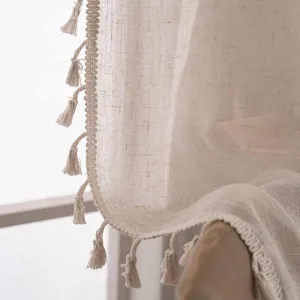 Linen Cafe Curtains 36 inch Length 2 Panel - Solid Pattern Short Drapes,Tassel, Rod Pocket,Sheer,Privacy,Neutral,Antique Window Panels,Living Room,Bedroom,Dining Room,Linen Color