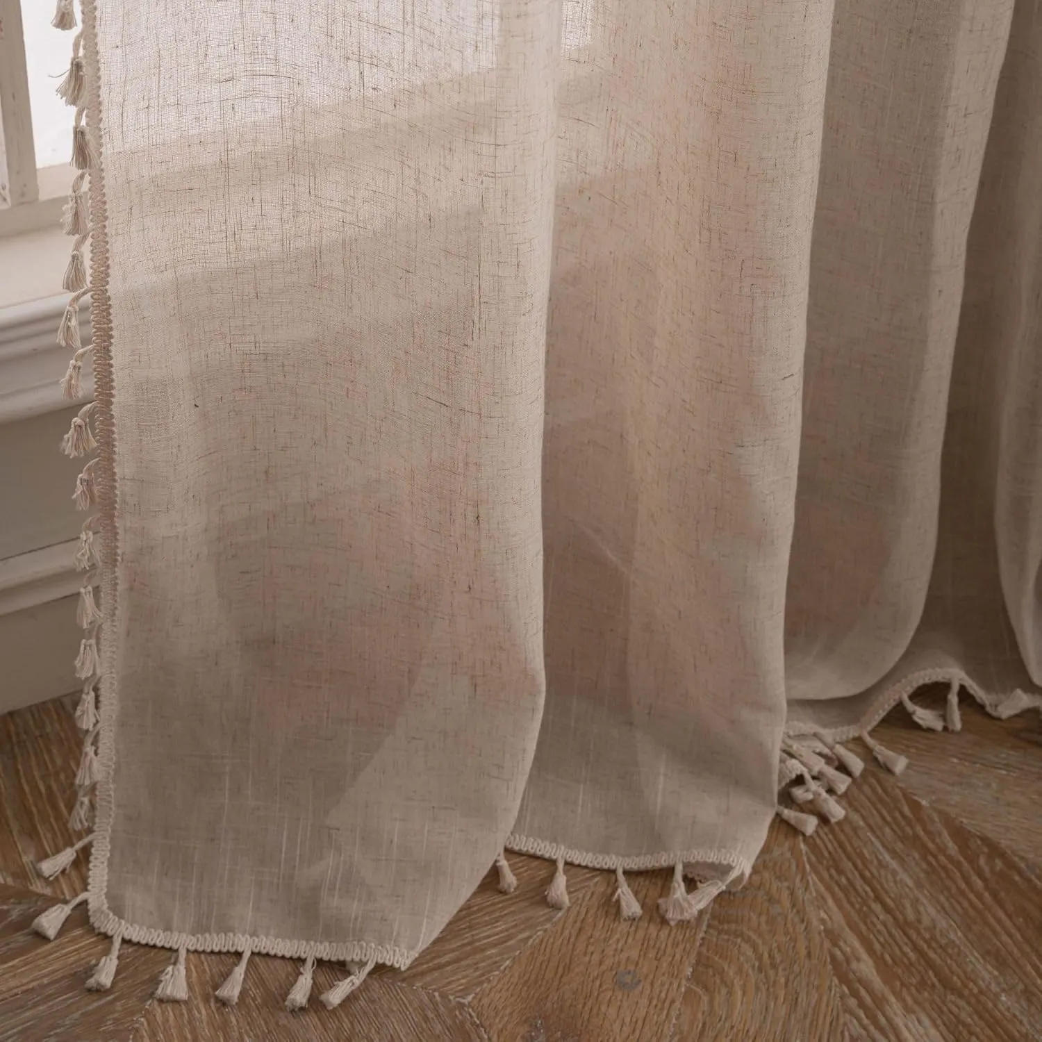 Linen Cafe Curtains 36 inch Length 2 Panel - Solid Pattern Short Drapes,Tassel, Rod Pocket,Sheer,Privacy,Neutral,Antique Window Panels,Living Room,Bedroom,Dining Room,Linen Color