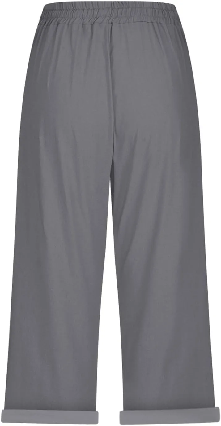 Linen Capris for Women Cotton Elastic Long Pants Beach Leisure Trousers Crop Beach Trousers Women Linen Capri Pants