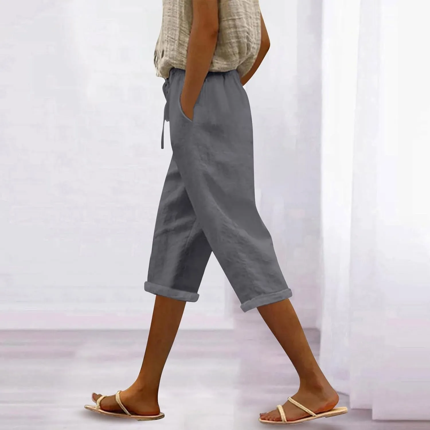Linen Capris for Women Cotton Elastic Long Pants Beach Leisure Trousers Crop Beach Trousers Women Linen Capri Pants