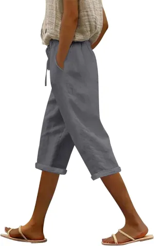 Linen Capris for Women Cotton Elastic Long Pants Beach Leisure Trousers Crop Beach Trousers Women Linen Capri Pants