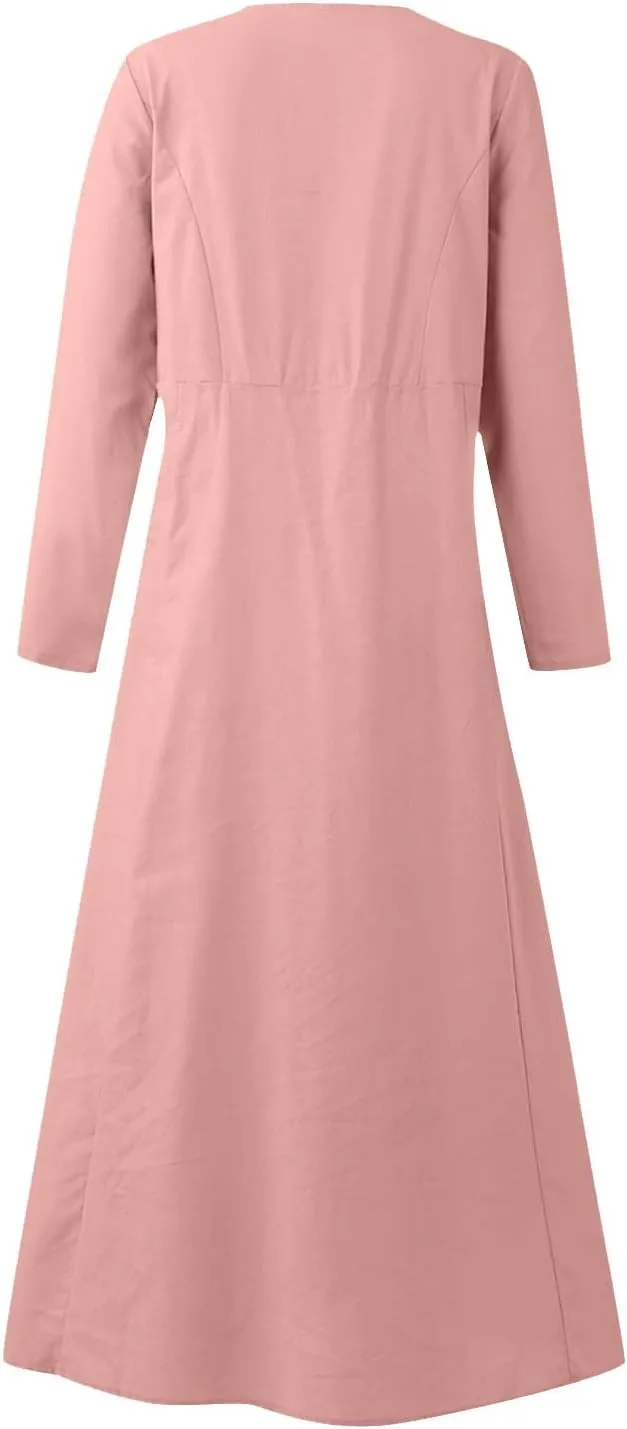 Linen Dresses for Women 2024 Plus Size Long Sleeve Solid Cotton Linen Dress Causal Ruffle Fall Dresses with Pockets