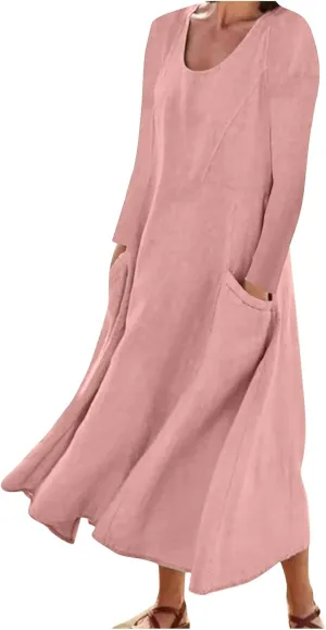 Linen Dresses for Women 2024 Plus Size Long Sleeve Solid Cotton Linen Dress Causal Ruffle Fall Dresses with Pockets