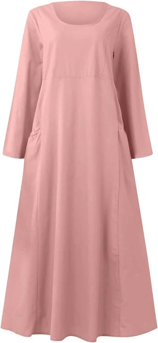 Linen Dresses for Women 2024 Plus Size Long Sleeve Solid Cotton Linen Dress Causal Ruffle Fall Dresses with Pockets