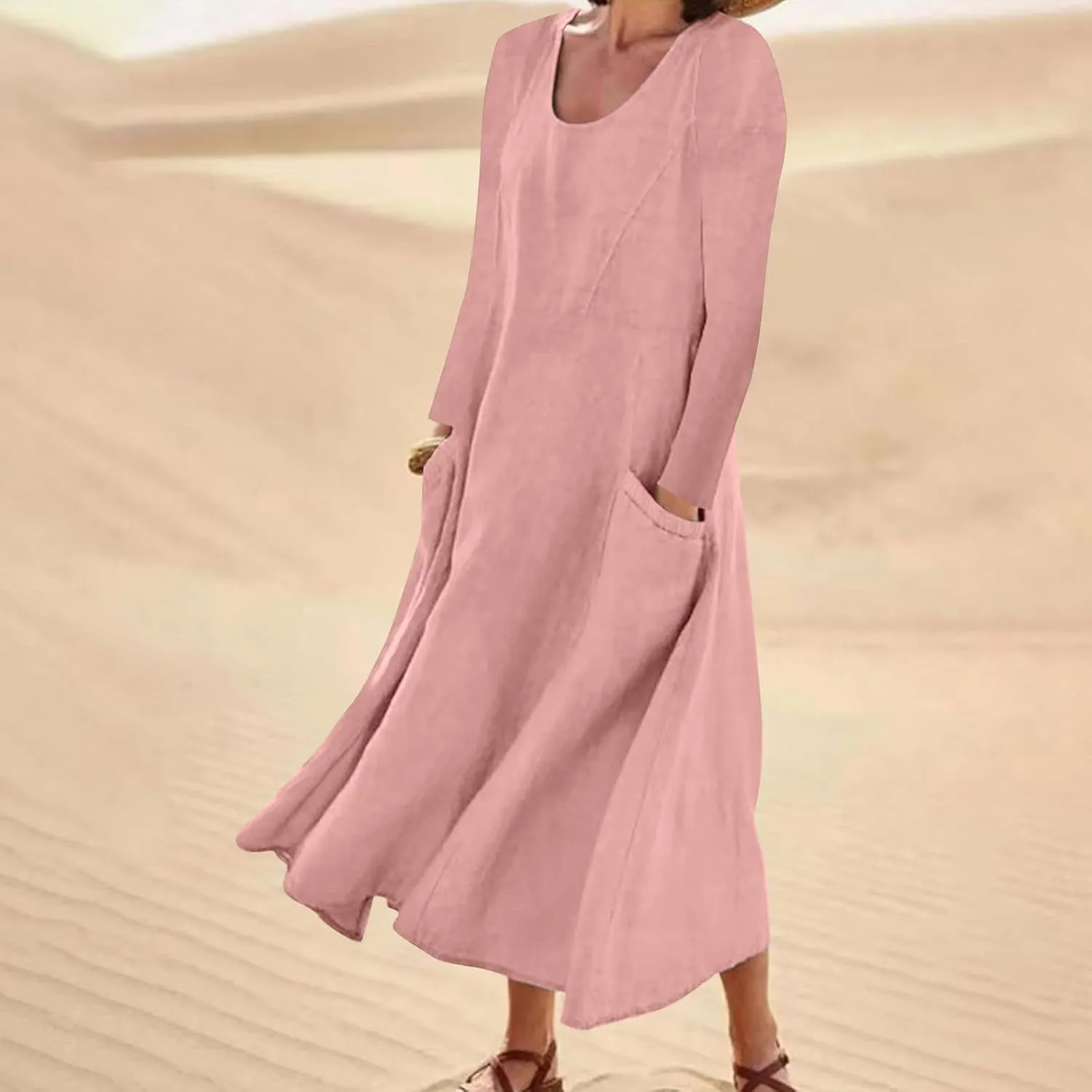 Linen Dresses for Women 2024 Plus Size Long Sleeve Solid Cotton Linen Dress Causal Ruffle Fall Dresses with Pockets