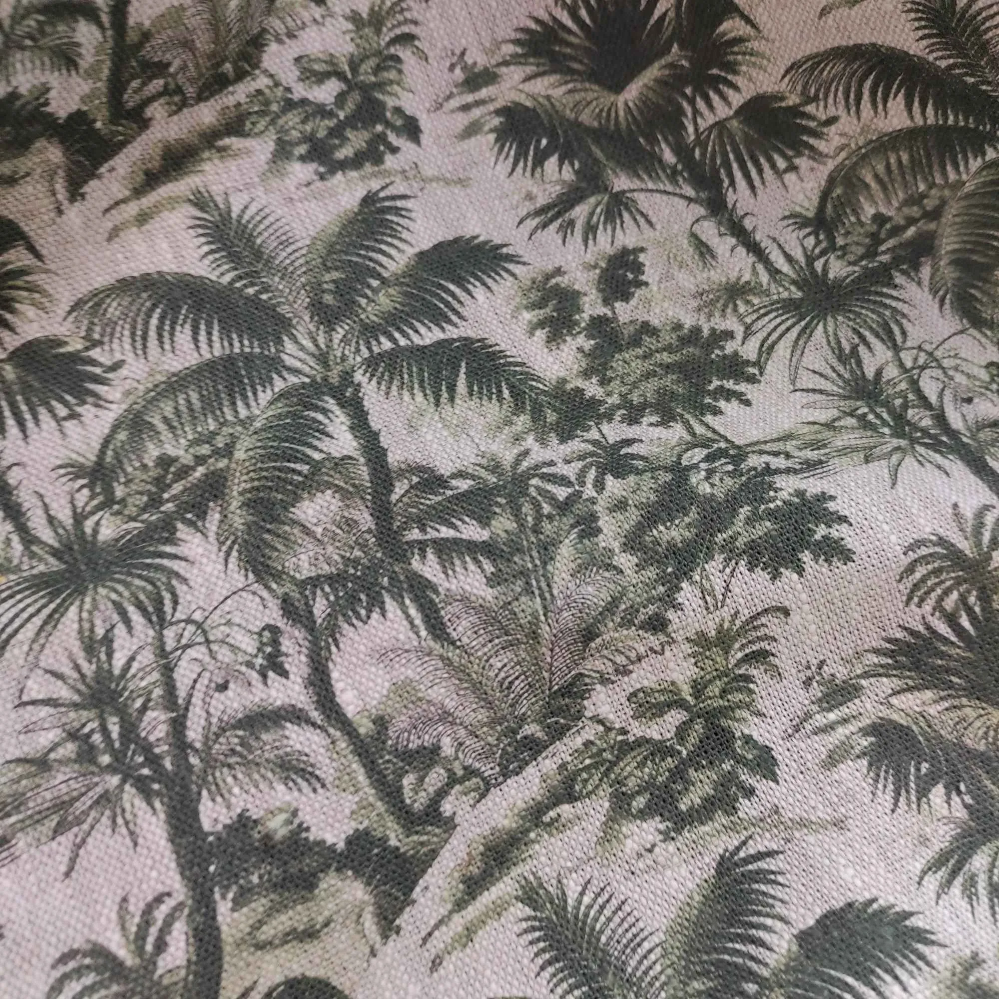 Linen fabric with Toile de Jouy Palm trees in green LL311P - 100% linen