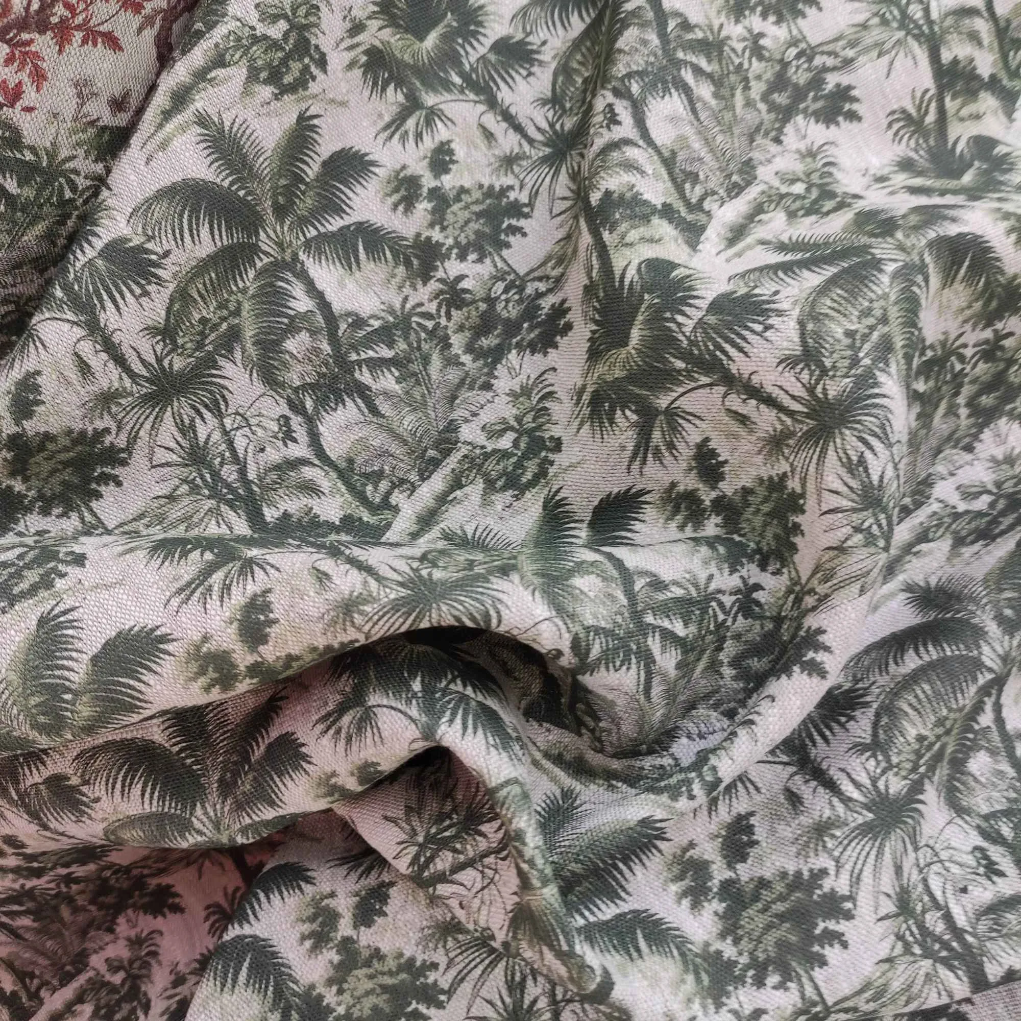 Linen fabric with Toile de Jouy Palm trees in green LL311P - 100% linen