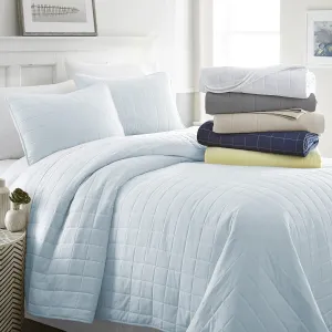 Linen Market Quilt Coverlet Set All Season Microfiber Contemporary Ultra Soft Bedding in Square Stitch - King/Cal-King Square Stitch Pale Blue