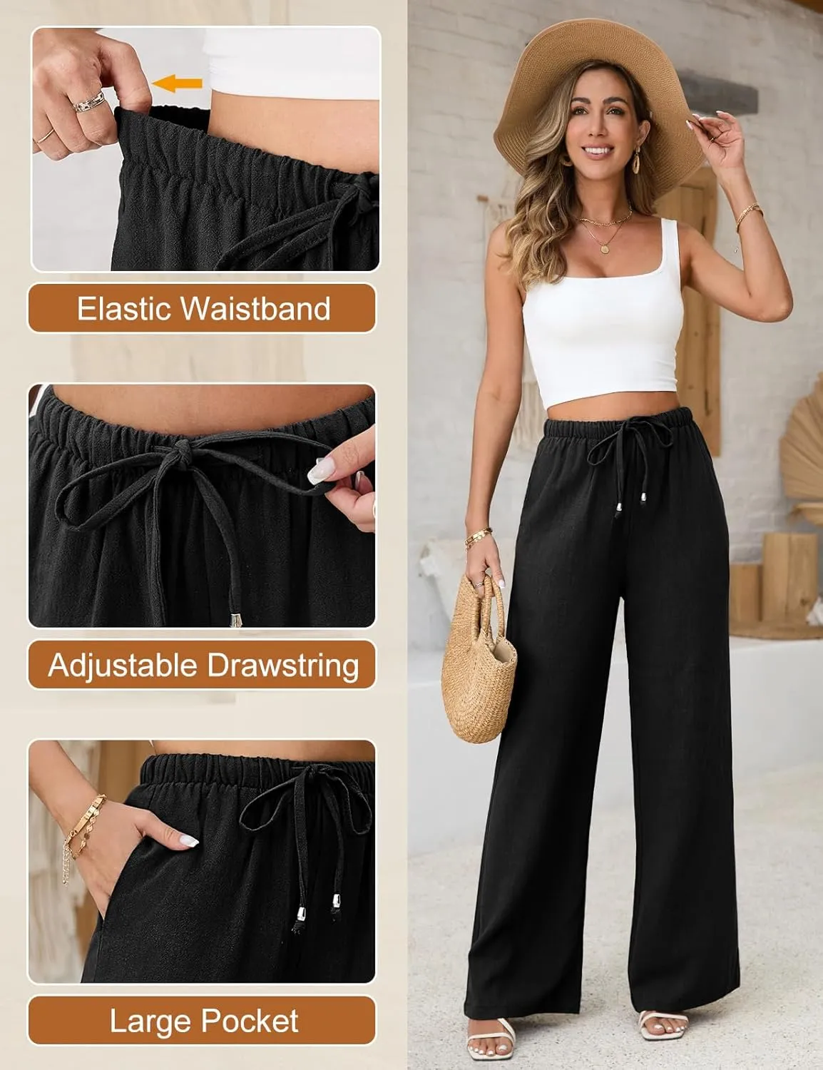 Linen Pants for Women Flowy Palazzo Pants Boho High Waist Wide Leg Trousers Summer Beach Vacation Outfits 2025