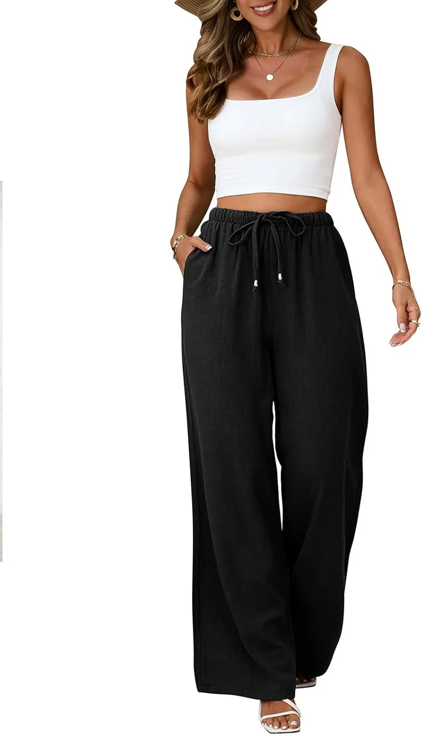 Linen Pants for Women Flowy Palazzo Pants Boho High Waist Wide Leg Trousers Summer Beach Vacation Outfits 2025