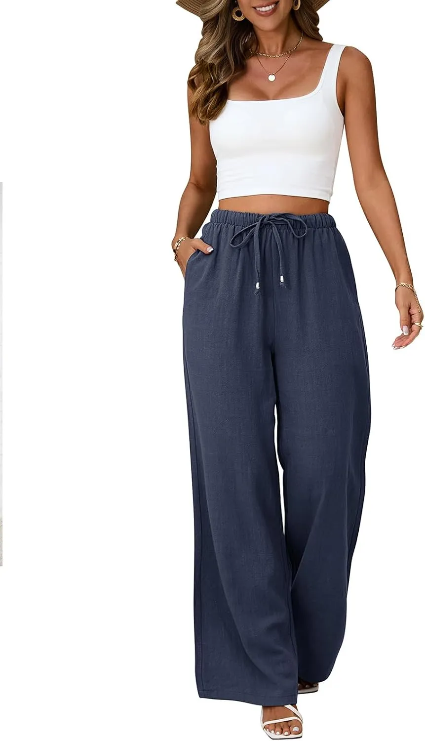 Linen Pants for Women Flowy Palazzo Pants Boho High Waist Wide Leg Trousers Summer Beach Vacation Outfits 2025