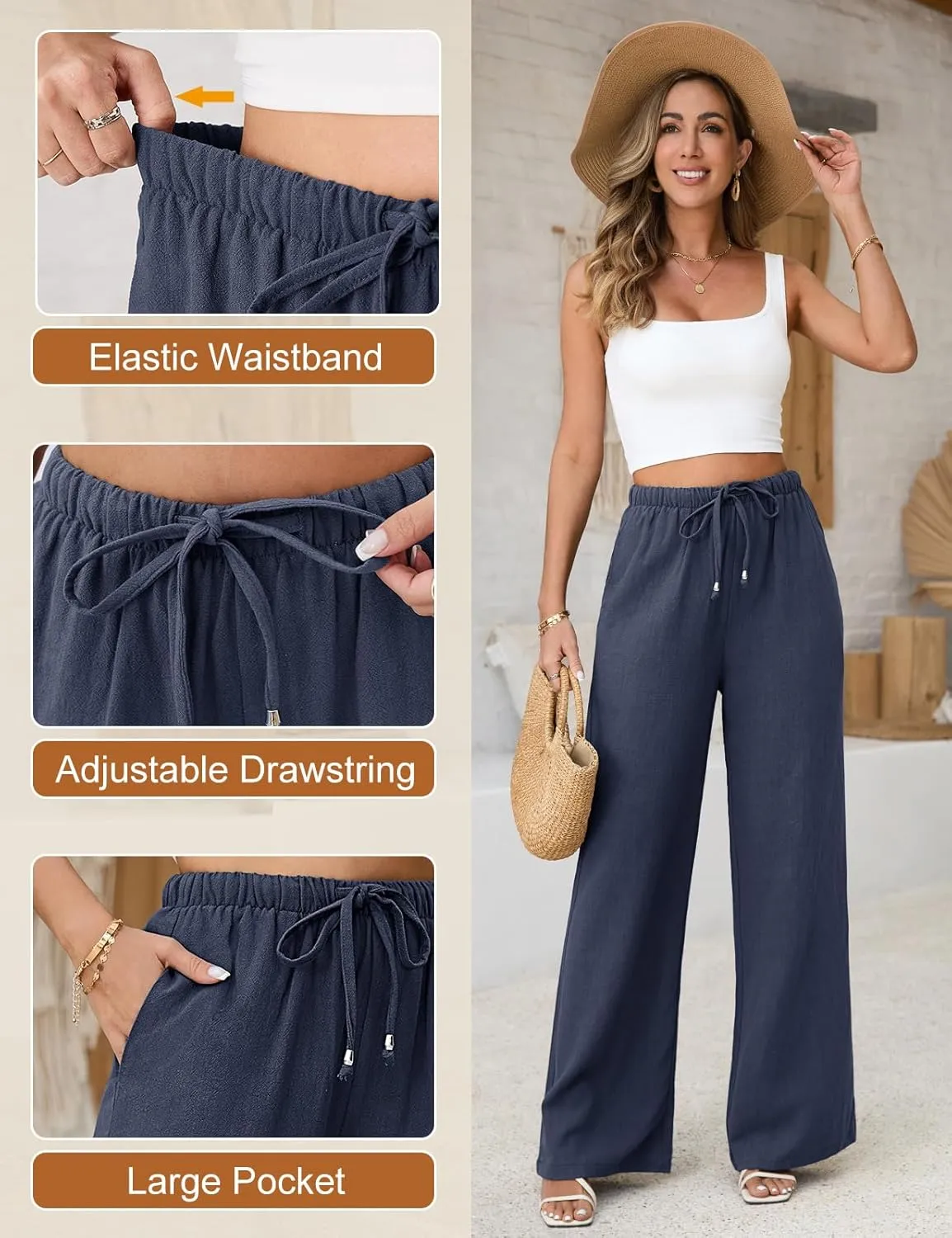 Linen Pants for Women Flowy Palazzo Pants Boho High Waist Wide Leg Trousers Summer Beach Vacation Outfits 2025