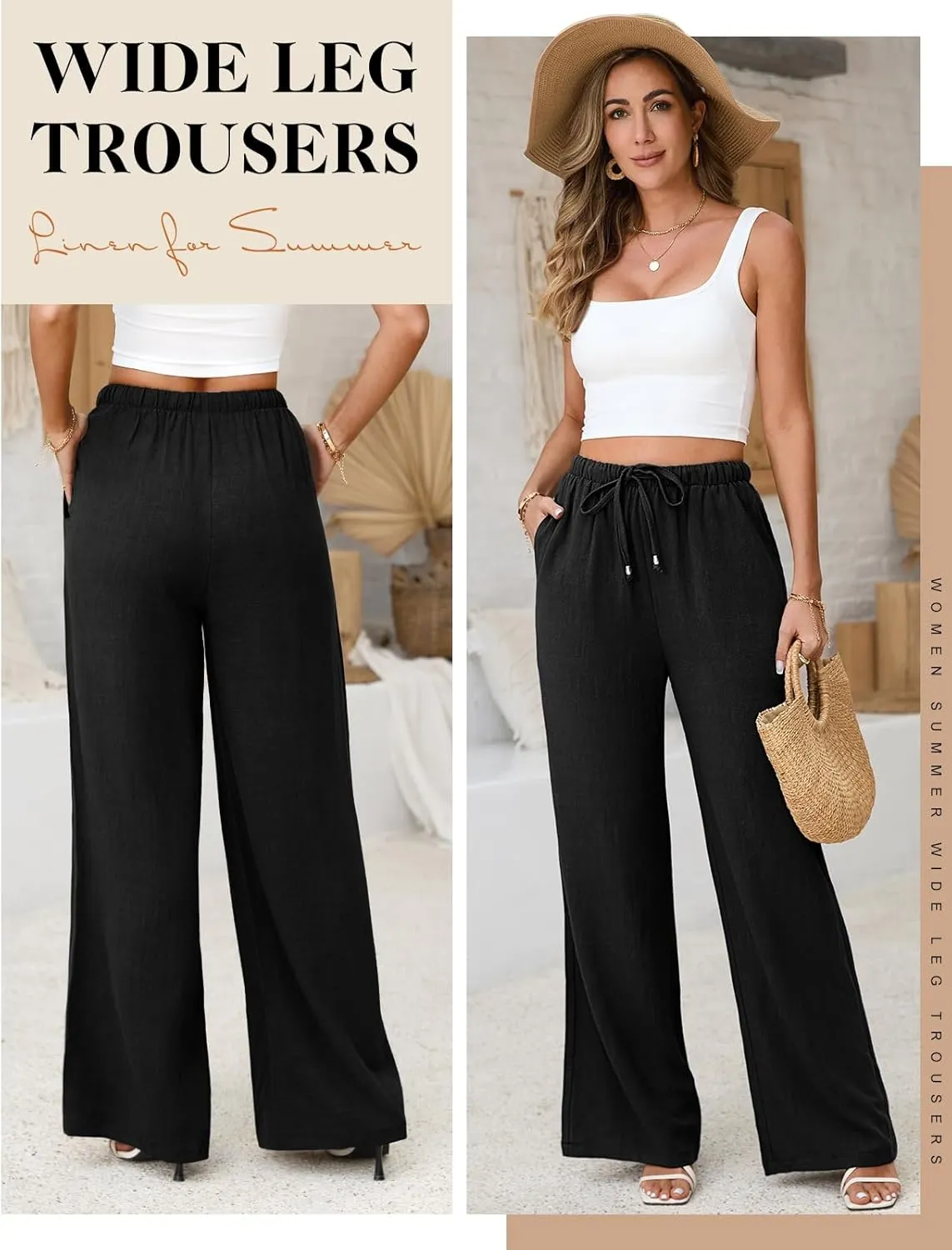 Linen Pants for Women Flowy Palazzo Pants Boho High Waist Wide Leg Trousers Summer Beach Vacation Outfits 2025
