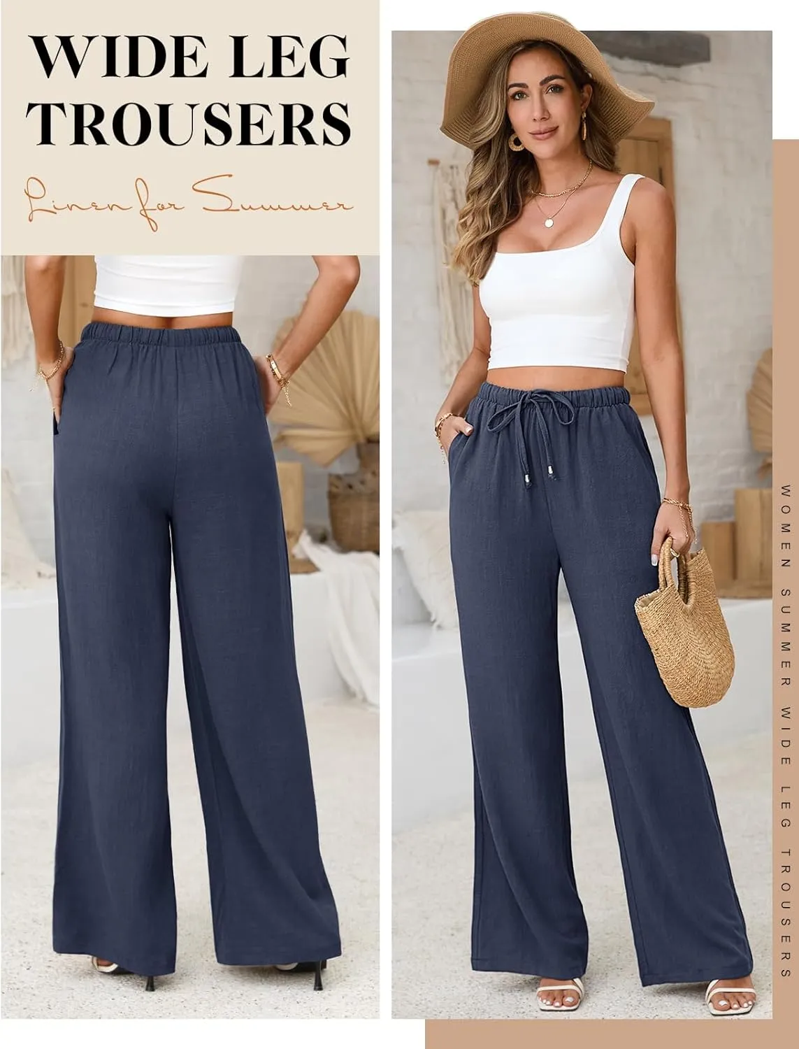 Linen Pants for Women Flowy Palazzo Pants Boho High Waist Wide Leg Trousers Summer Beach Vacation Outfits 2025