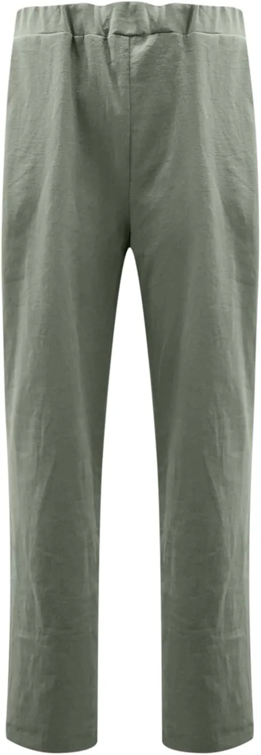 Linen Pants for Women Trendy 2024 Casual Summer Lightweight Straight Leg Pant Elastic High Waist Lounge Trousers