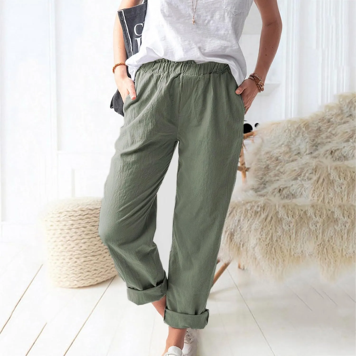 Linen Pants for Women Trendy 2024 Casual Summer Lightweight Straight Leg Pant Elastic High Waist Lounge Trousers