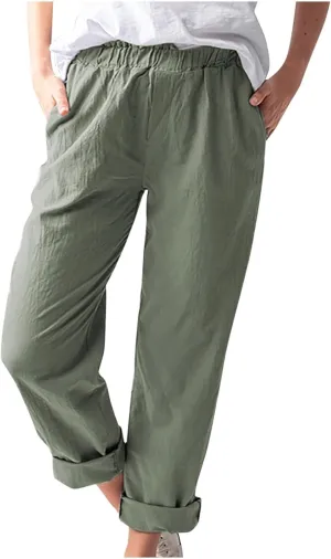 Linen Pants for Women Trendy 2024 Casual Summer Lightweight Straight Leg Pant Elastic High Waist Lounge Trousers