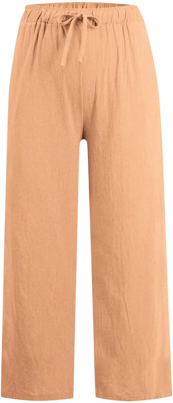 Linen Pants Women High Waisted Drawstring Palazzo Pants 2025 Flowy Wide Leg Trouser with Pockets Beach Vacation Clothes