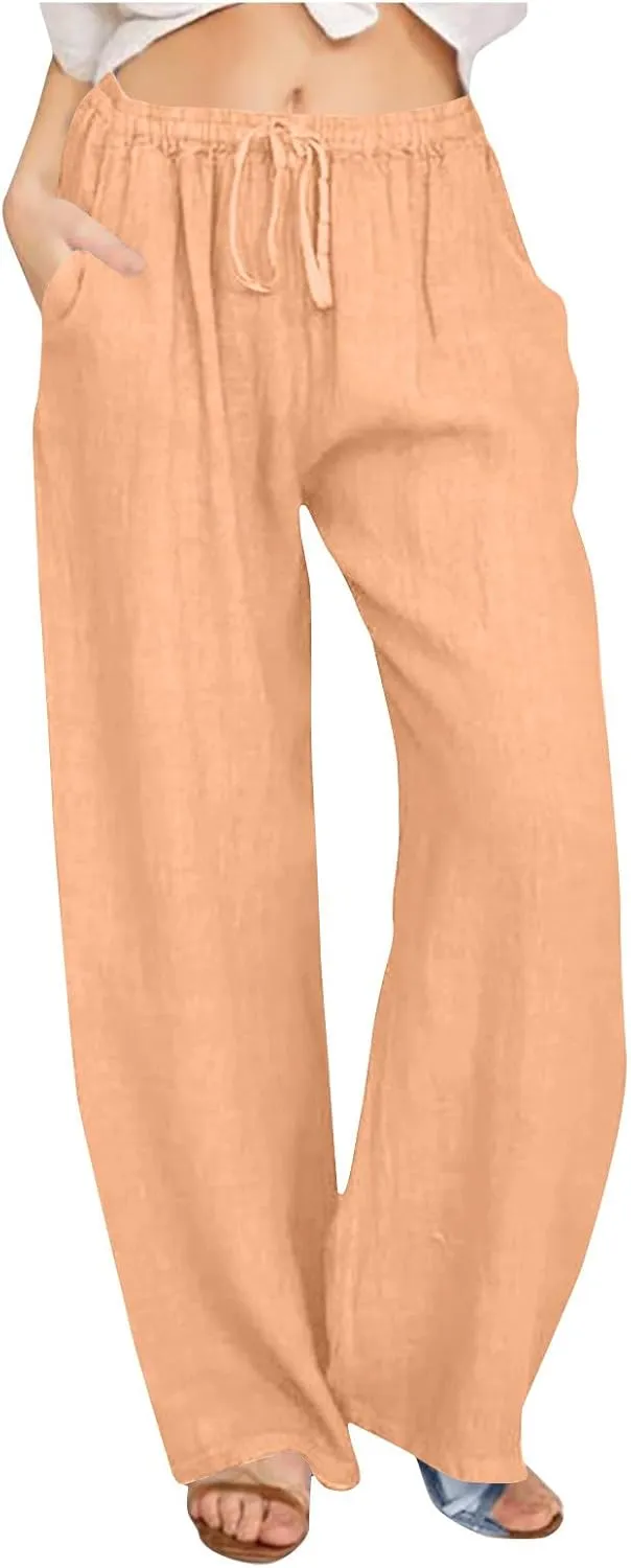 Linen Pants Women High Waisted Drawstring Palazzo Pants 2025 Flowy Wide Leg Trouser with Pockets Beach Vacation Clothes