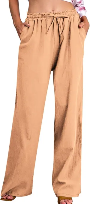 Linen Pants Women High Waisted Drawstring Palazzo Pants 2025 Flowy Wide Leg Trouser with Pockets Beach Vacation Clothes