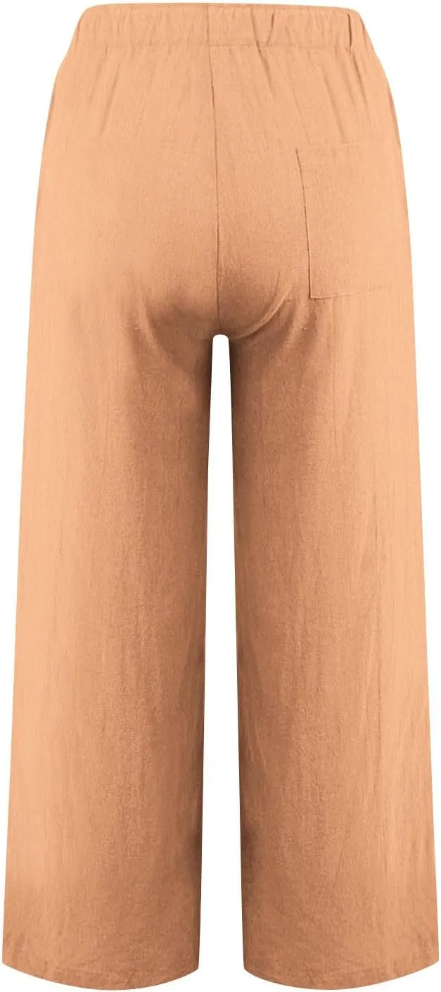 Linen Pants Women High Waisted Drawstring Palazzo Pants 2025 Flowy Wide Leg Trouser with Pockets Beach Vacation Clothes