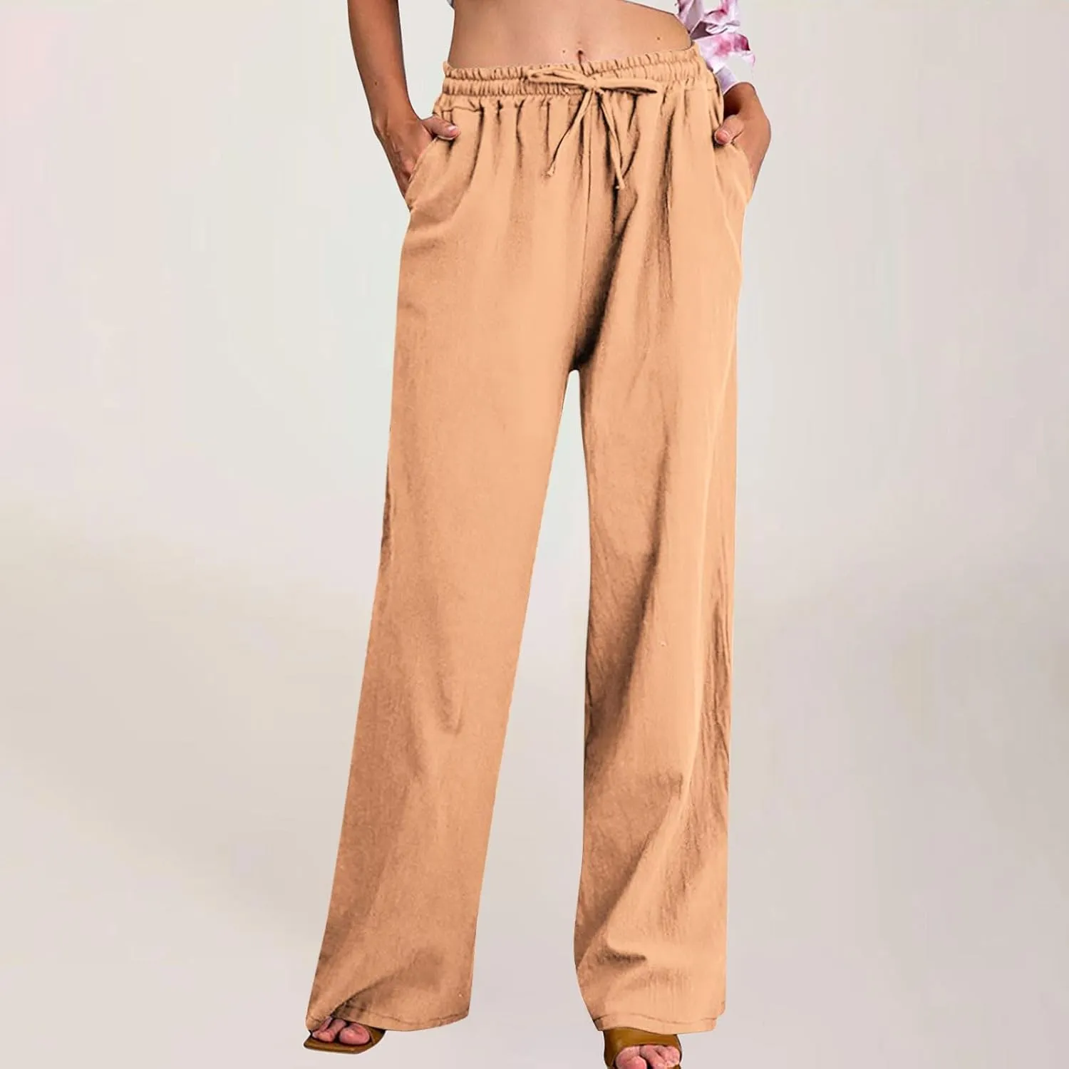 Linen Pants Women High Waisted Drawstring Palazzo Pants 2025 Flowy Wide Leg Trouser with Pockets Beach Vacation Clothes