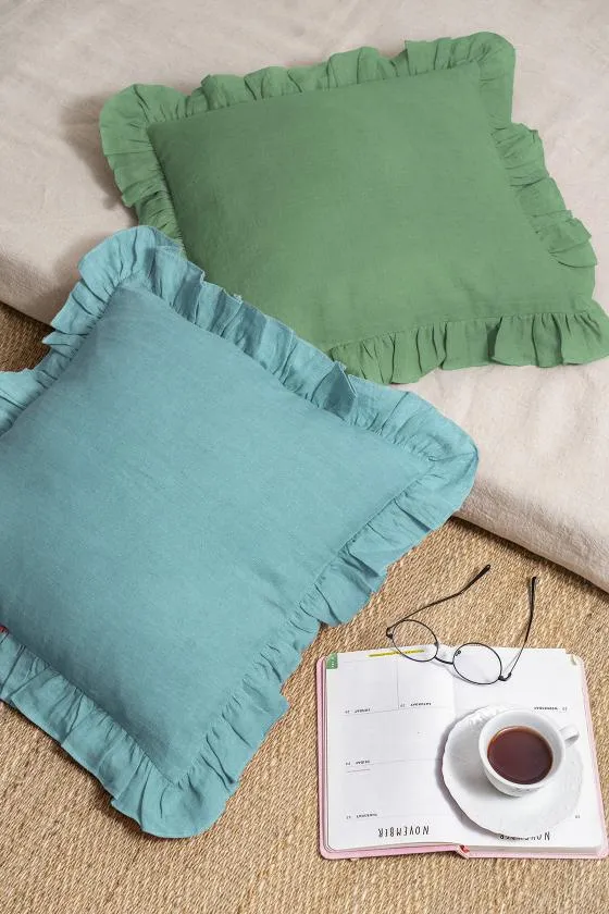 Linen Ruffle Medley Cushion Cover-Moody Blue
