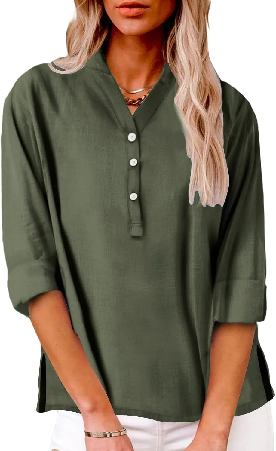 Linen Shirts for Women Button Down Shirts Short Sleeve Cotton Collared V Neck Solid Casual Blouses with Pockets