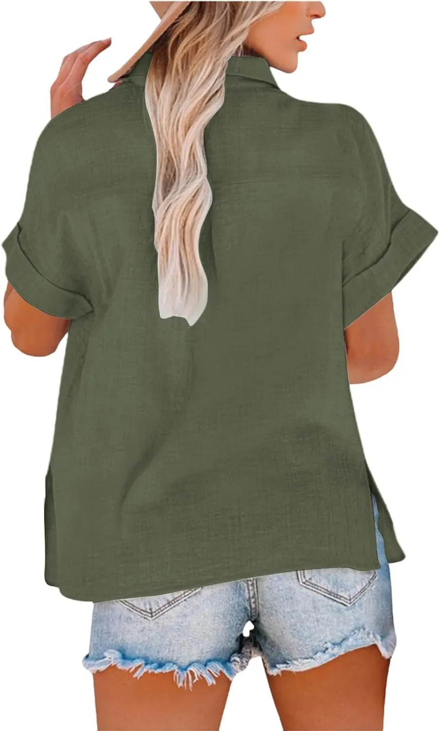 Linen Shirts for Women Button Down Shirts Short Sleeve Cotton Collared V Neck Solid Casual Blouses with Pockets
