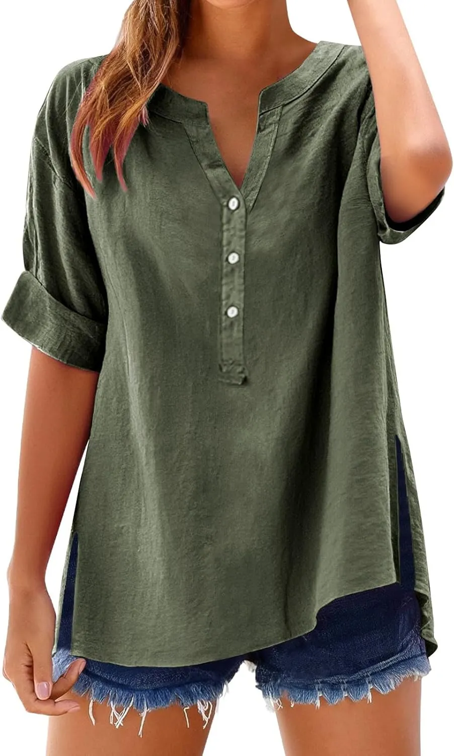 Linen Shirts for Women Button Down Shirts Short Sleeve Cotton Collared V Neck Solid Casual Blouses with Pockets