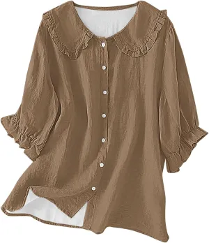 Linen Shirts for Women Summer 2025 Retro 3/4 Sleeve Boho Tops Dressy Casual Short Sleeve Trendy Blouses