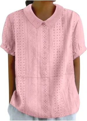 Linen Shirts for Women Summer Lightweight Short Sleeve Floral Tunics Cute Collared Tops Business Work Casual Blouses