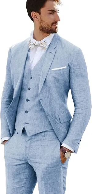 Linen Suit 3 Pieces Vintage Retro Wedding Prom Suits Slim Fit Jacket Blazer Groom Tuxedos
