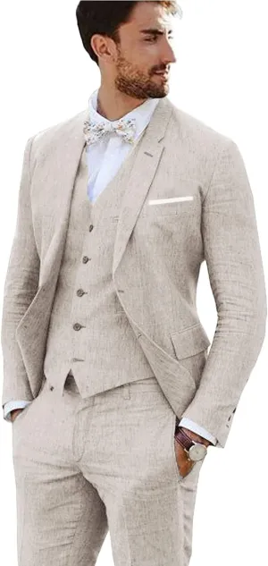 Linen Suit 3 Pieces Vintage Retro Wedding Prom Suits Slim Fit Jacket Blazer Groom Tuxedos