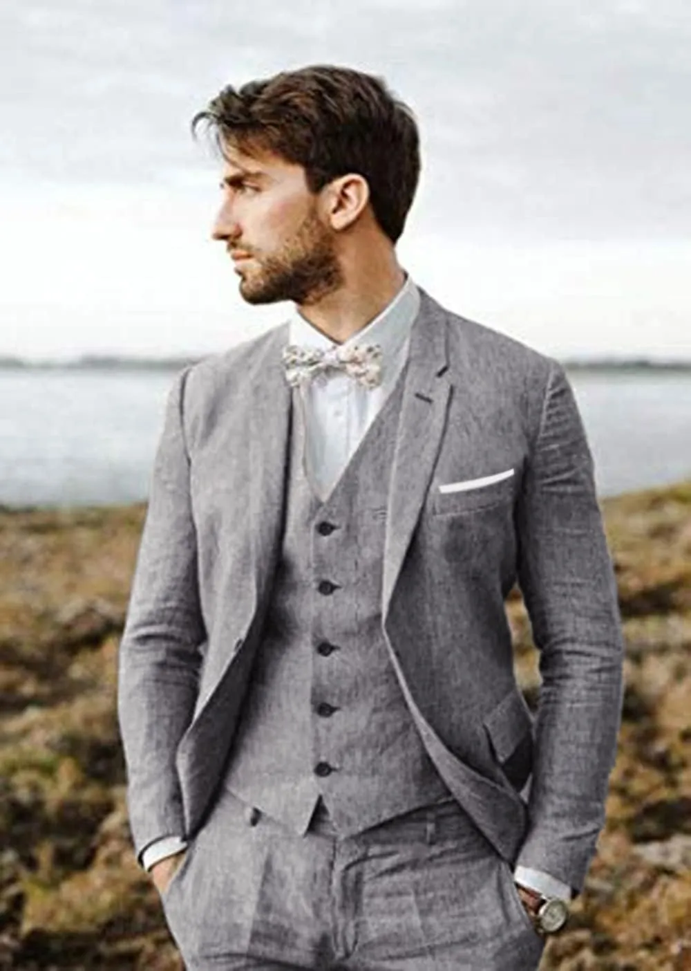 Linen Suit 3 Pieces Vintage Retro Wedding Prom Suits Slim Fit Jacket Blazer Groom Tuxedos