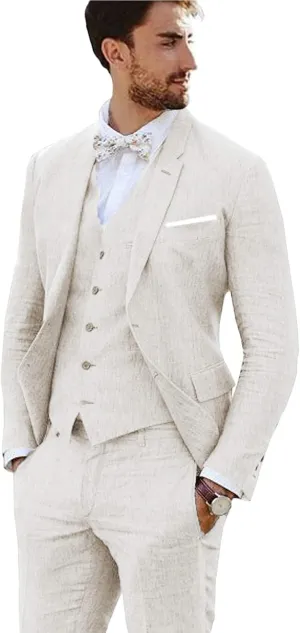 Linen Suit 3 Pieces Vintage Retro Wedding Prom Suits Slim Fit Jacket Blazer Groom Tuxedos