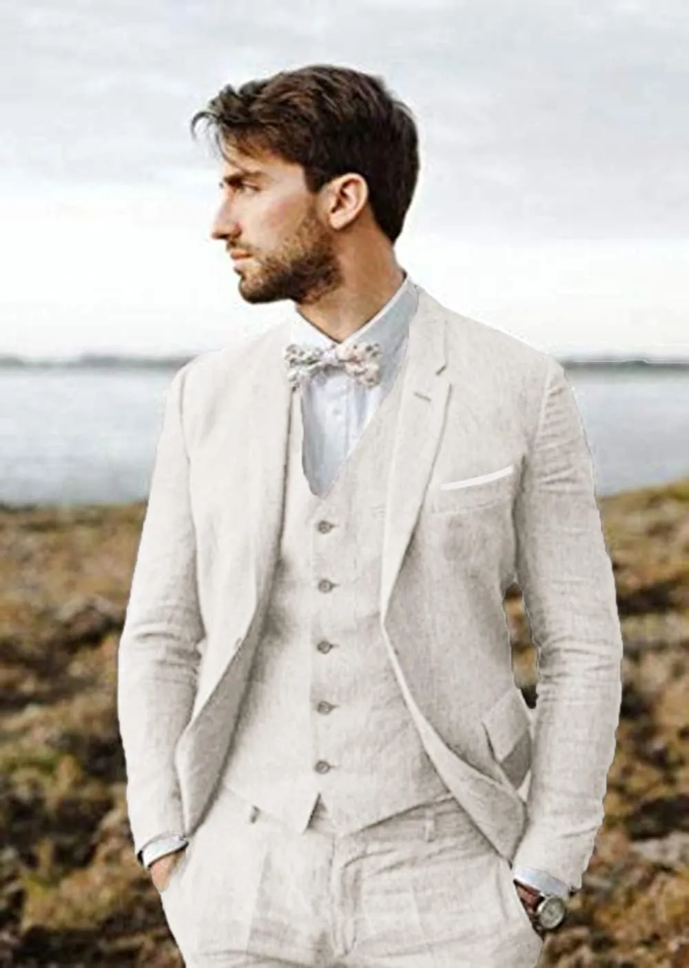 Linen Suit 3 Pieces Vintage Retro Wedding Prom Suits Slim Fit Jacket Blazer Groom Tuxedos