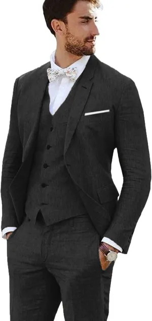 Linen Suit 3 Pieces Vintage Retro Wedding Prom Suits Slim Fit Jacket Blazer Groom Tuxedos