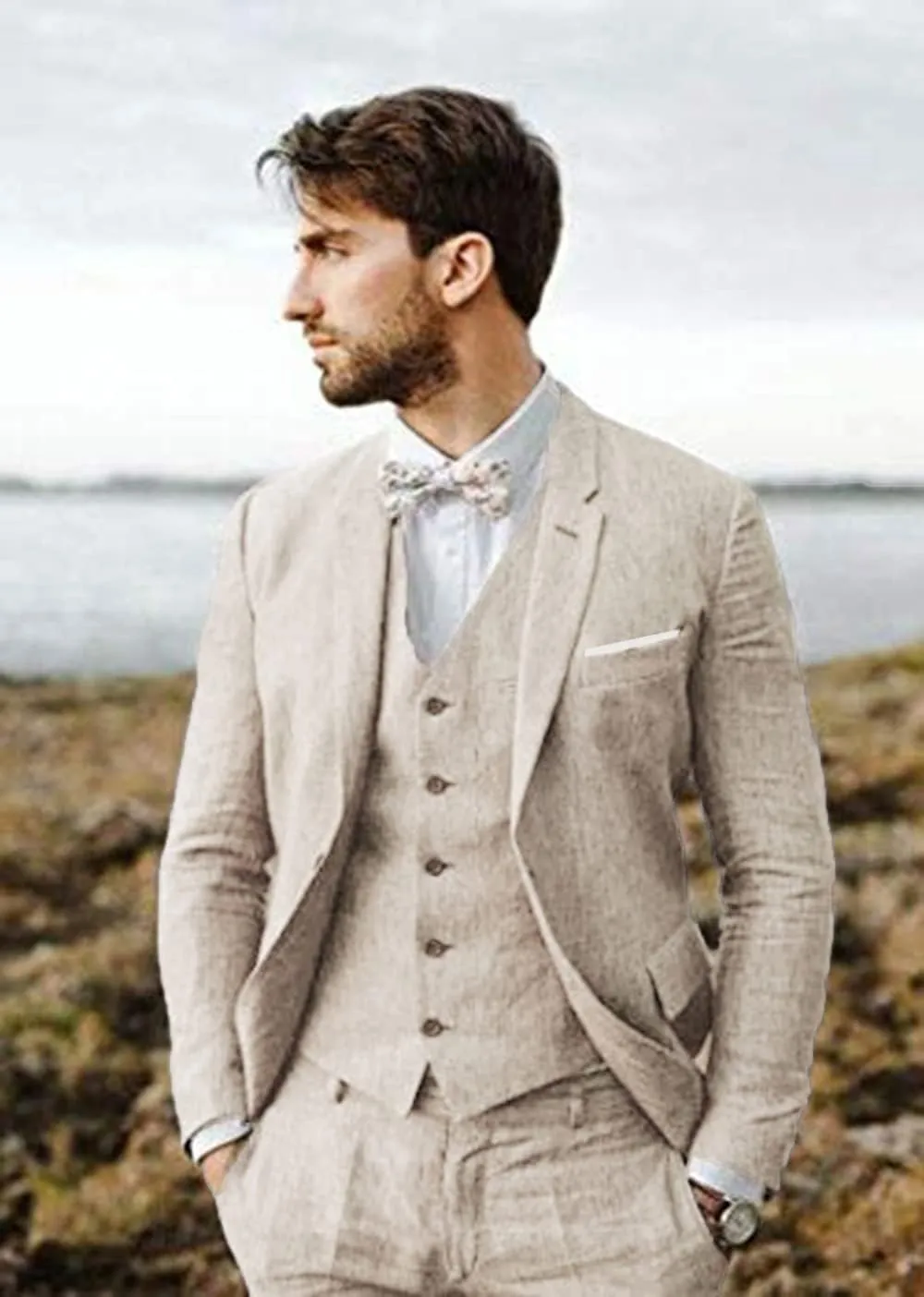 Linen Suit 3 Pieces Vintage Retro Wedding Prom Suits Slim Fit Jacket Blazer Groom Tuxedos