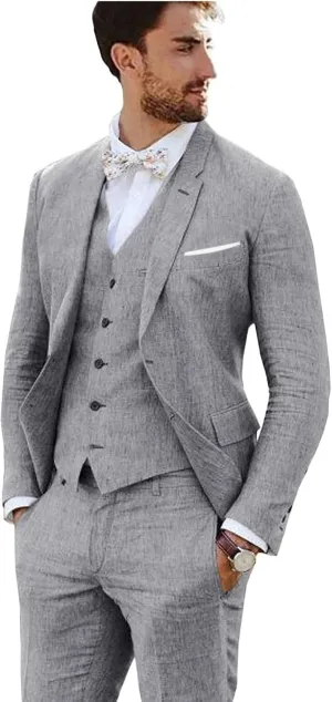 Linen Suit 3 Pieces Vintage Retro Wedding Prom Suits Slim Fit Jacket Blazer Groom Tuxedos