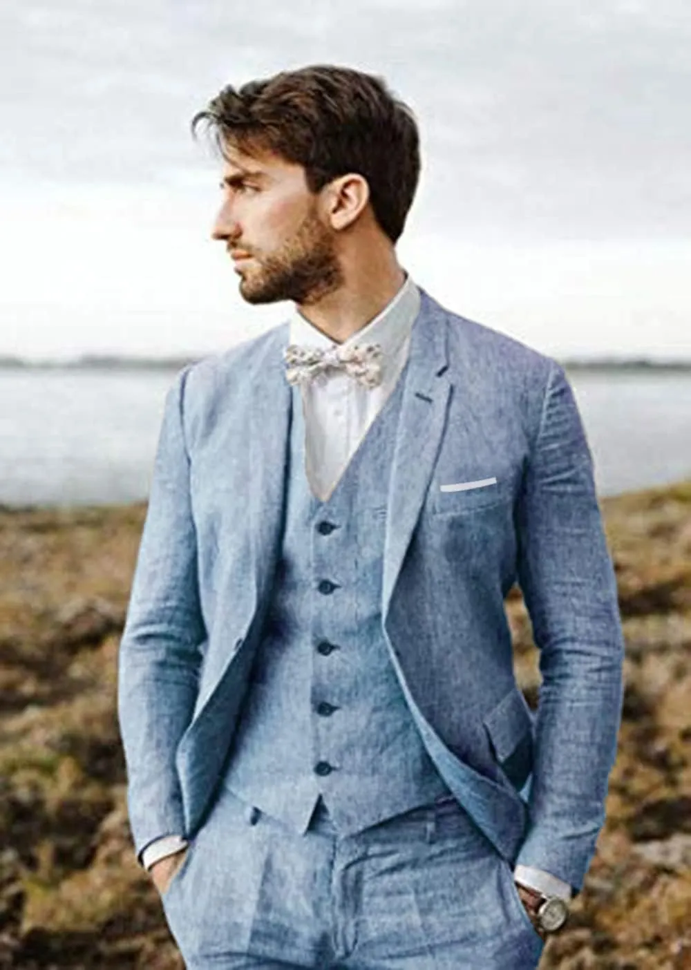 Linen Suit 3 Pieces Vintage Retro Wedding Prom Suits Slim Fit Jacket Blazer Groom Tuxedos