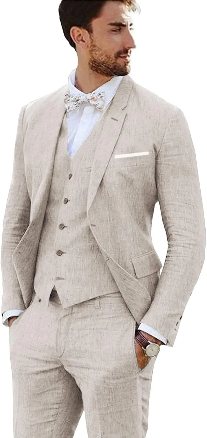 Linen Suit 3 Pieces Vintage Retro Wedding Prom Suits Slim Fit Jacket Blazer Groom Tuxedos