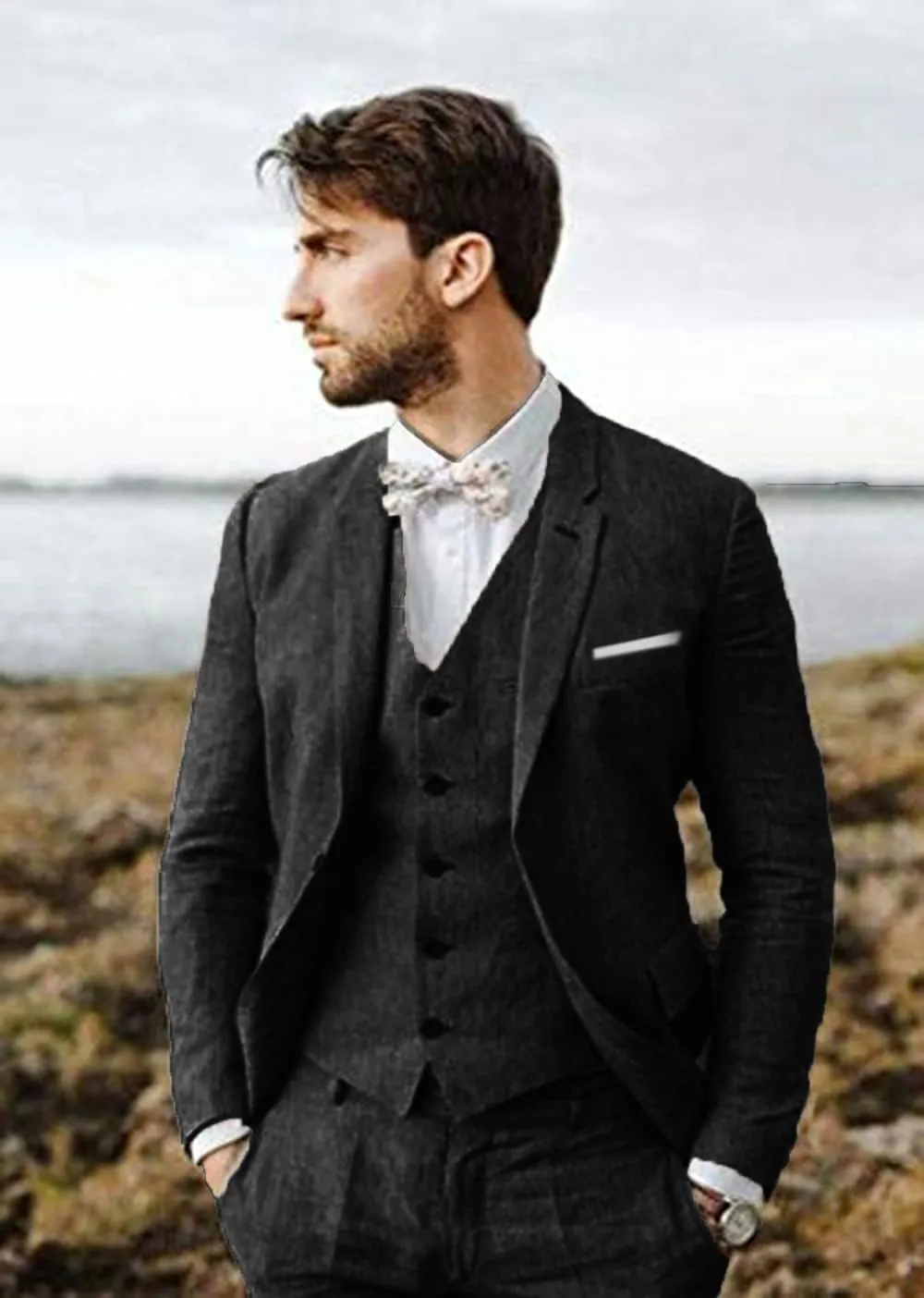 Linen Suit 3 Pieces Vintage Retro Wedding Prom Suits Slim Fit Jacket Blazer Groom Tuxedos