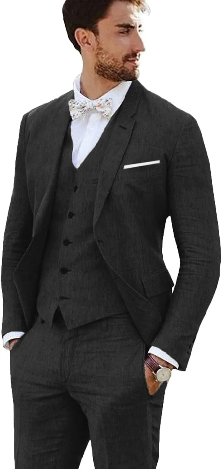 Linen Suit 3 Pieces Vintage Retro Wedding Prom Suits Slim Fit Jacket Blazer Groom Tuxedos
