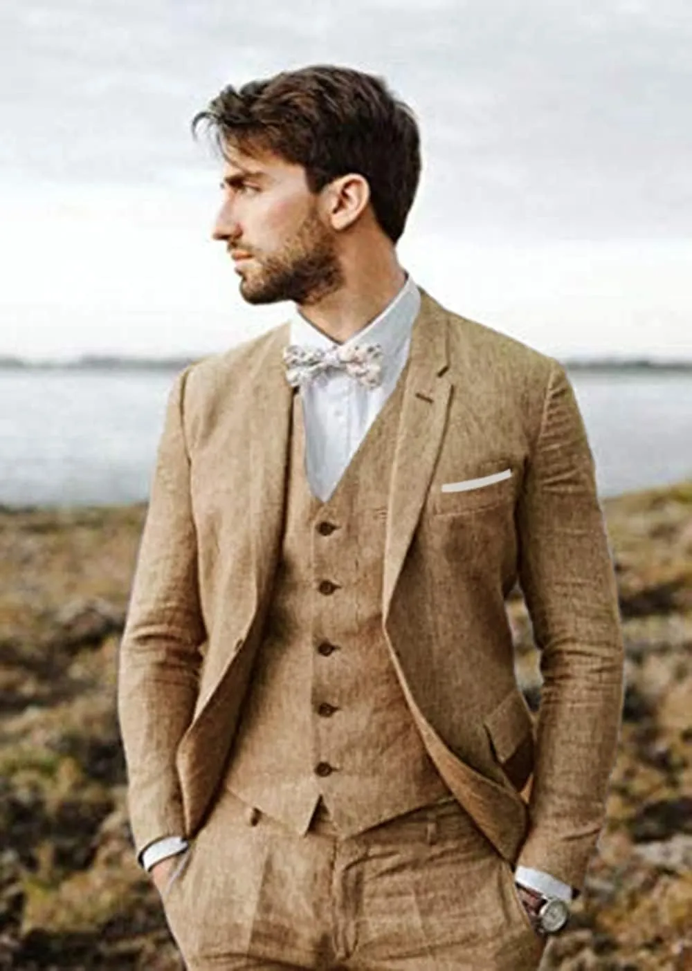 Linen Suit 3 Pieces Vintage Retro Wedding Prom Suits Slim Fit Jacket Blazer Groom Tuxedos
