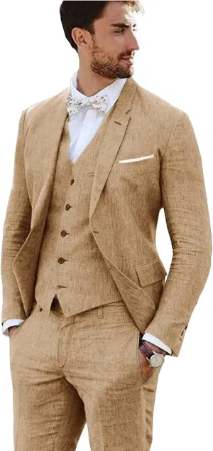Linen Suit 3 Pieces Vintage Retro Wedding Prom Suits Slim Fit Jacket Blazer Groom Tuxedos